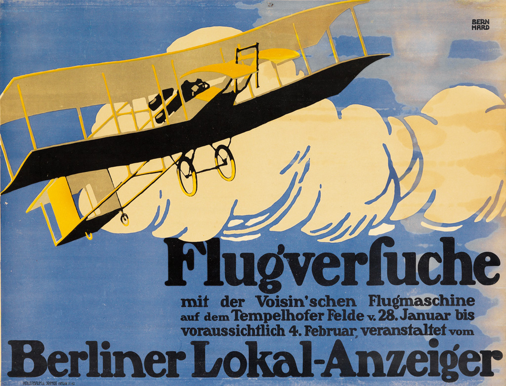 LUCIAN BERNHARD (1883-1972). FLUGVERFUCHE / BERLINER LOKAL - ANZEIGER. 1909. 27x36 inches, 61x93 cm. Hollerbaum & Schmidt, Berlin.